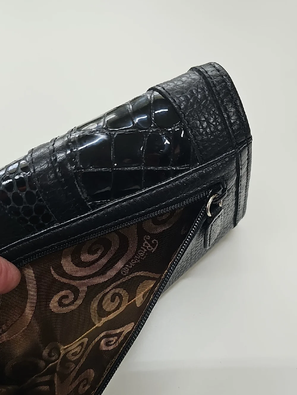 Brighton Leather Trifold Checkbook Wallet, Textured Black Silver Hearts